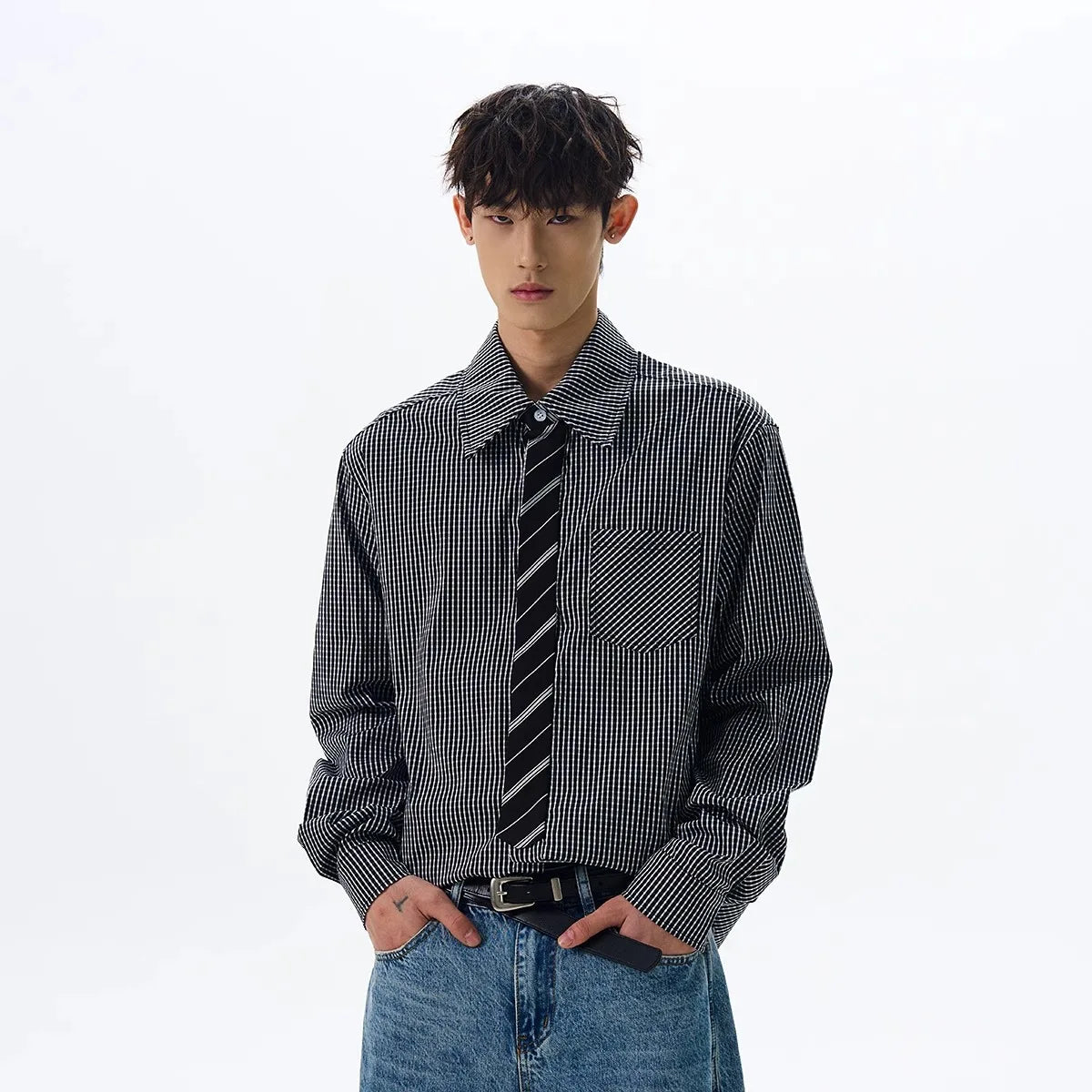 HEARUJOY  -  Light Blue Plaid Shirt Mens Japanese Style Vintage Suit Inner Wear Long Sleeve Shirt High End Sense Spring Outfit Outerwear