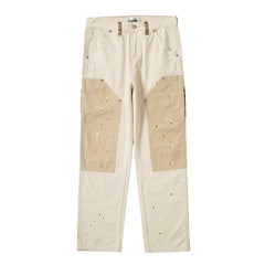 Hearujoy Hip Hop Khaki Cashew Flower Straight Leg Pants Overalls Ink Splashing Stitching Straight Canvas Trousers Retro Cargo Pants Men