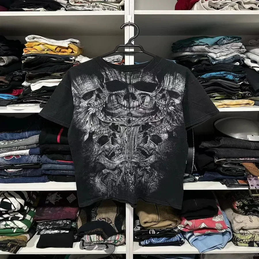 Hearujoy Y2K New Affect Long Sleeve T-shirt with Retro Cross Pattern Printed Red T-shirt for Men Women Hip Hop Gothic Punk Loose Red Top