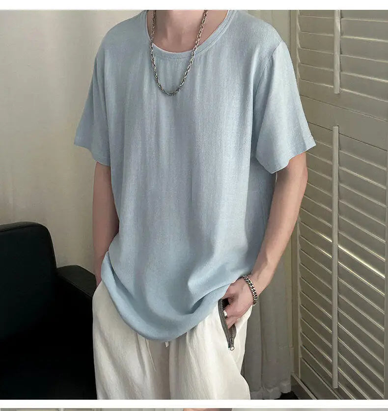 HEARUJOY  -  Korean Style Men's T-shirts Round Collar Short Sleeved Solid Color Mensweae New Summer Pullover Loose Male Tees