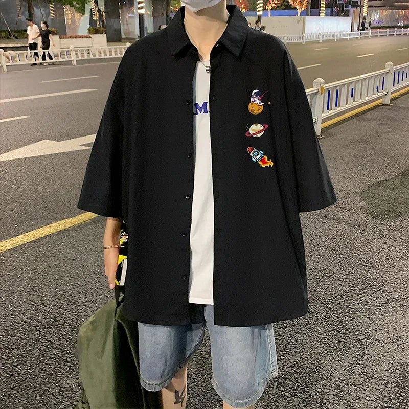 HEARUJOY  -  Men's Oversized Shirts White Mens Fashion Blouse Funny 5xl Oversize Half Sleeves Dress Shirt for Men Print New Clothing Casual