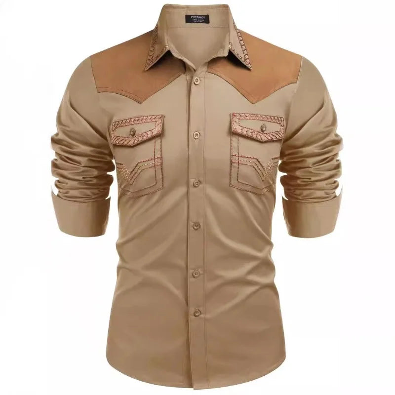 HEARUJOY  -  Men's Western Shirt, Long-sleeved Denim Shirt, Men's Casual Buttoned Color-blocked Shirt Top