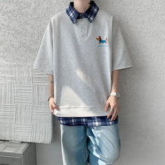 HEARUJOY  -  Dog Embroidery Plaid Polo Short Sleeve T-Shirt 2025 Summer Retro Couple T-shirts Splicing Fake Two Pieces Simple Tops