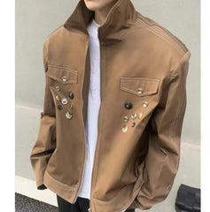 HEARUJOY  -  Spring Retro Irregular Button Mens Jacket Shoulder Pad Design Trend High Street Coats Motorcycle Fashion Stand Collar Outwear