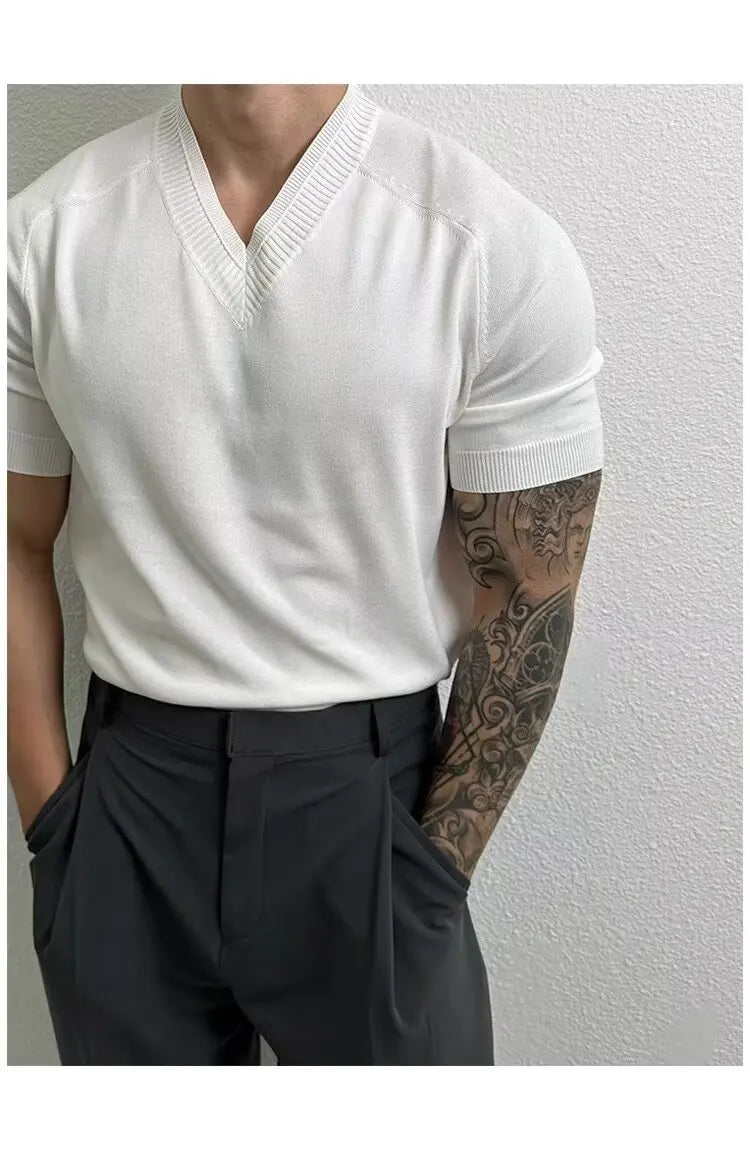 HEARUJOY  -  Men's Clothing Light Luxury Knit V Neck Short-sleeved T Shirt Solid Color Leisure Korean Popular Streetwear Retro Knitwear M-3XL