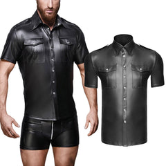 HEARUJOY  -  Men\\\'s Clothing Top Autumn Collared Faux Leather Wet Look Men Regular S-2XL Solid Color Tee Top Blouse Uniform Shirt