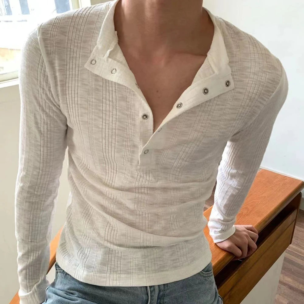 HEARUJOY  -  American Street Fashion Simple Slim Fit Solid Color Knitted Long-Sleeved Shirt Mens Design Lazy Casual Slim Fit Bottoming Shirt