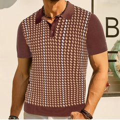 HEARUJOY  -  Summer New Men's Houndstooth Jacquard Short-Sleeved Knitted Polo Shirt Retro Fashion Trend Casual Loose Daily Business Mens Tops