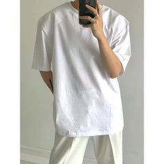 HEARUJOY  -  Summer Cotton Short Sleeved T-shirt Men Black White Casual T Shirt Men Streetwear Korean Loose Shoulder Pad T Shirt Mens Top