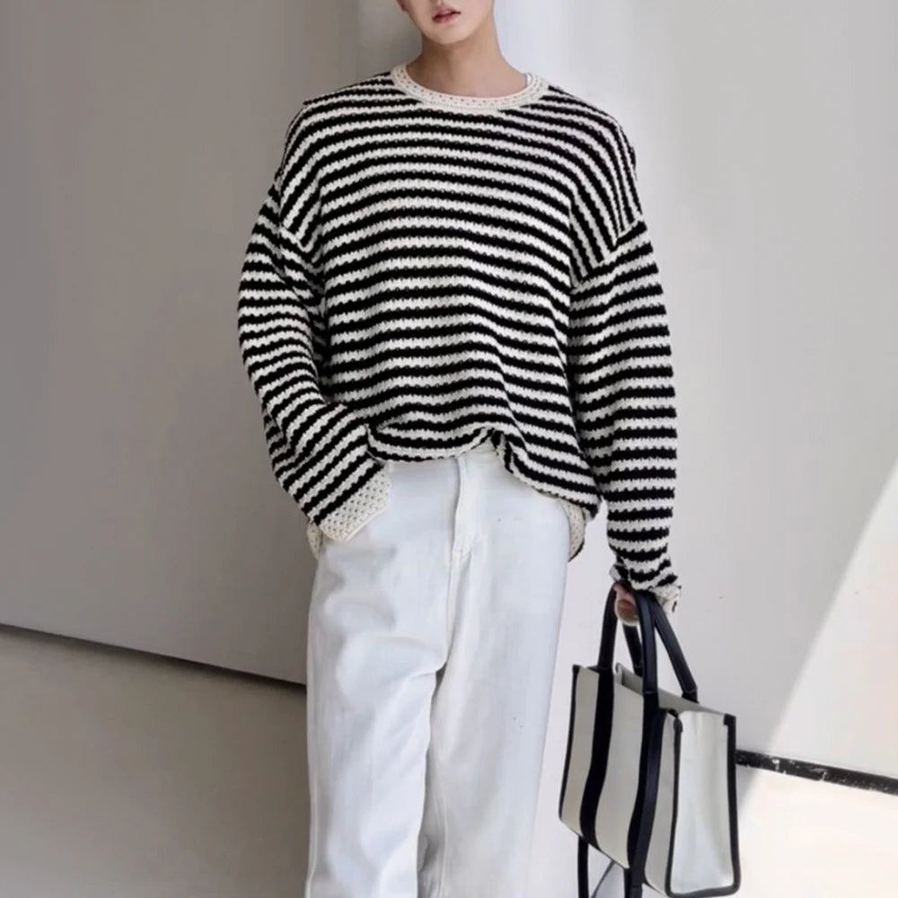 Hearujoy Mens Black White Striped Hollow Casual Thin Knitted Tops Genderless Fashionable Comfortable Cardigan Long Sleeve Shirt Unisex