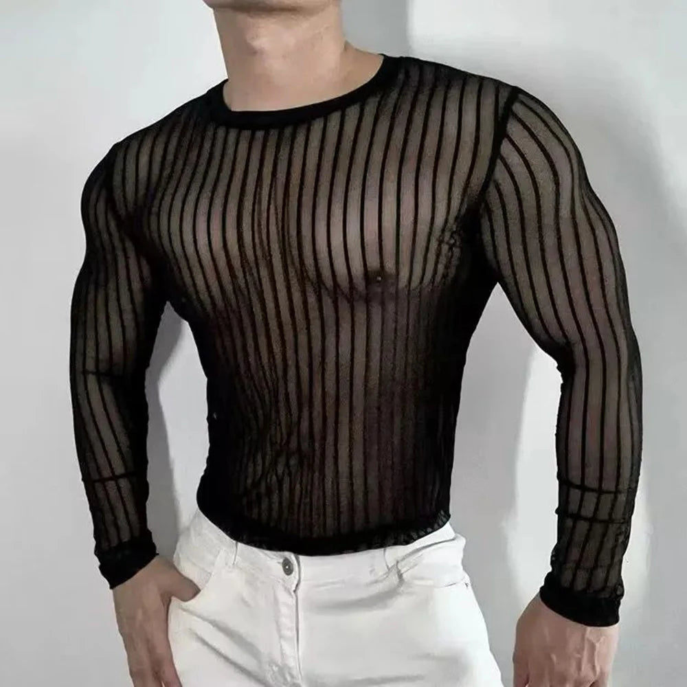 HEARUJOY  -  Mens T-Shirt Striped Sexy Slightly Transparent Stretch T-Shirt Fashion Streetwear Tight Casual Long Sleeve Top Men'S Clothing