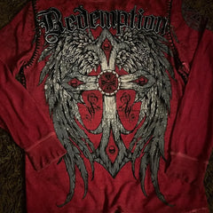 Hearujoy Y2K New Affect Long Sleeve T-shirt with Retro Cross Pattern Printed Red T-shirt for Men Women Hip Hop Gothic Punk Loose Red Top