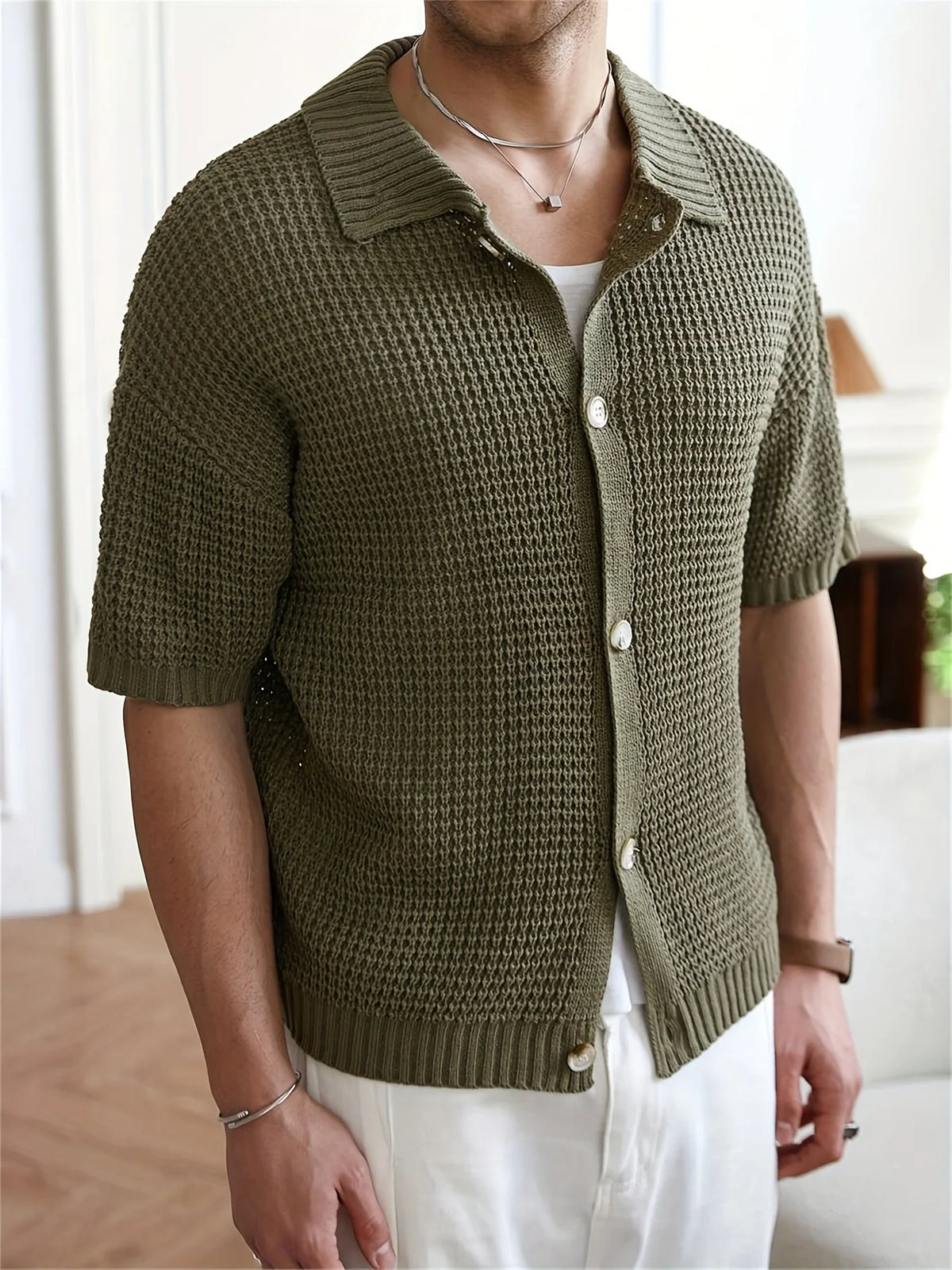 HEARUJOY  -  Men's Short Sleeve Polo Collar Knitted Shirt Cardigan Summer Fashion Retro Light Soft Breathable Casual Lapel Knitwear Shirt Top
