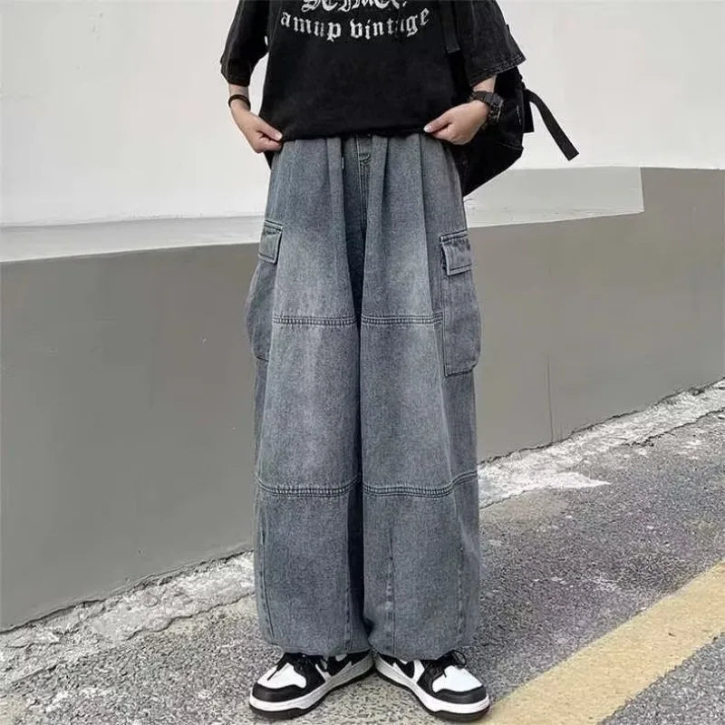 Hearujoy Y2k Baggy Cargo Jeans for Men Oversize Wide Leg Denim Pants Male Hip Hop Trousers Pockets Streetwear Loose Patchwork