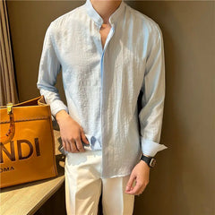 HEARUJOY  -  Long-sleeved Stand-collar Pleated Shirt Men's Summer Seaside Vacation Style Casual and Versatile Solid Color Spring Autumn Shirt