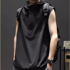 Hearujoy Summer Casual Pullover Shirt Tess Vest Men's Loose Sleeveless Hooded Cool Boy Versatile Sports Tops Solid Undershirt