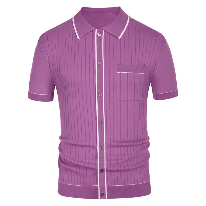 HEARUJOY  -  Men's Luxury Clothing Knit Short Sleeve Polo Shirt Casual Streetwear Lapel Button Down Cardigan Breathable Tops Summer Knitwear