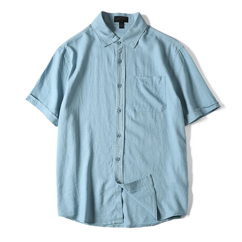 HEARUJOY  -  Men's Summer Cotton Linen Shirt Solid Color Skin Friendly Breathable Short Sleeve Lapel Shirts With Chest Pocket