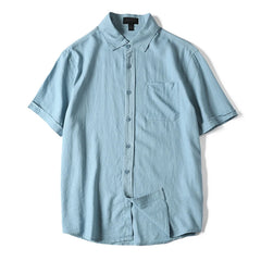 HEARUJOY  -  Men's Summer Cotton Linen Shirt Solid Color Skin Friendly Breathable Short Sleeve Lapel Shirts With Chest Pocket