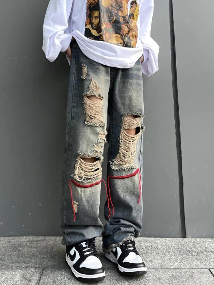 Hearujoy Ripped Jeans Pants for Men Punk Denim Trousers Male Straight Leg Jeans Hip Hop Harajuku Korean Streetwear Hippie Hole