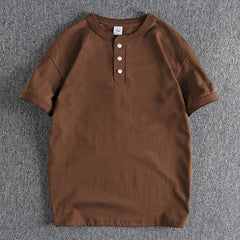 HEARUJOY  -  American Minimalist Tough Guy Style Mens Henry Neck Short Sleeved T-shirt 300G Washed Combed Cotton Comfortable Solid Color Tops