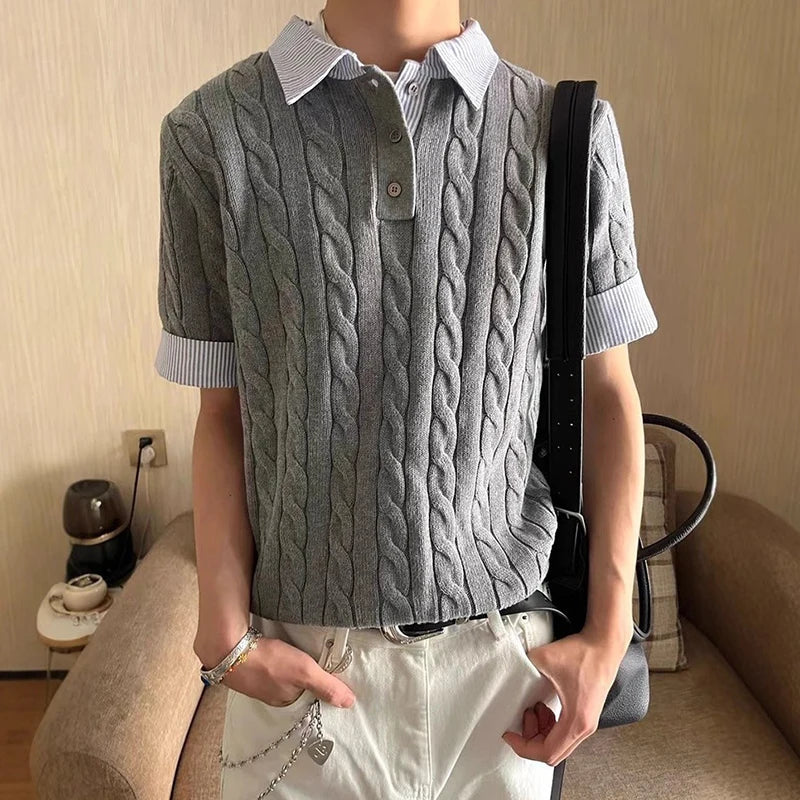 HEARUJOY  -  Summer New Casual Mens Knit Polo Shirt Slim Fit Short Sleeve Lapel Patchwork Polos Men Knitting Striped Printed Polo Shirts