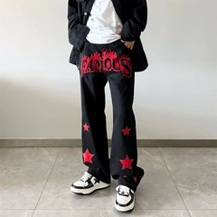 Hearujoy Y2K Jeans Men Embroidery Denim Pants Star Red Print Black Trousers Male Streetwear Hip Hop Casual Vintage Plus Size 4XL