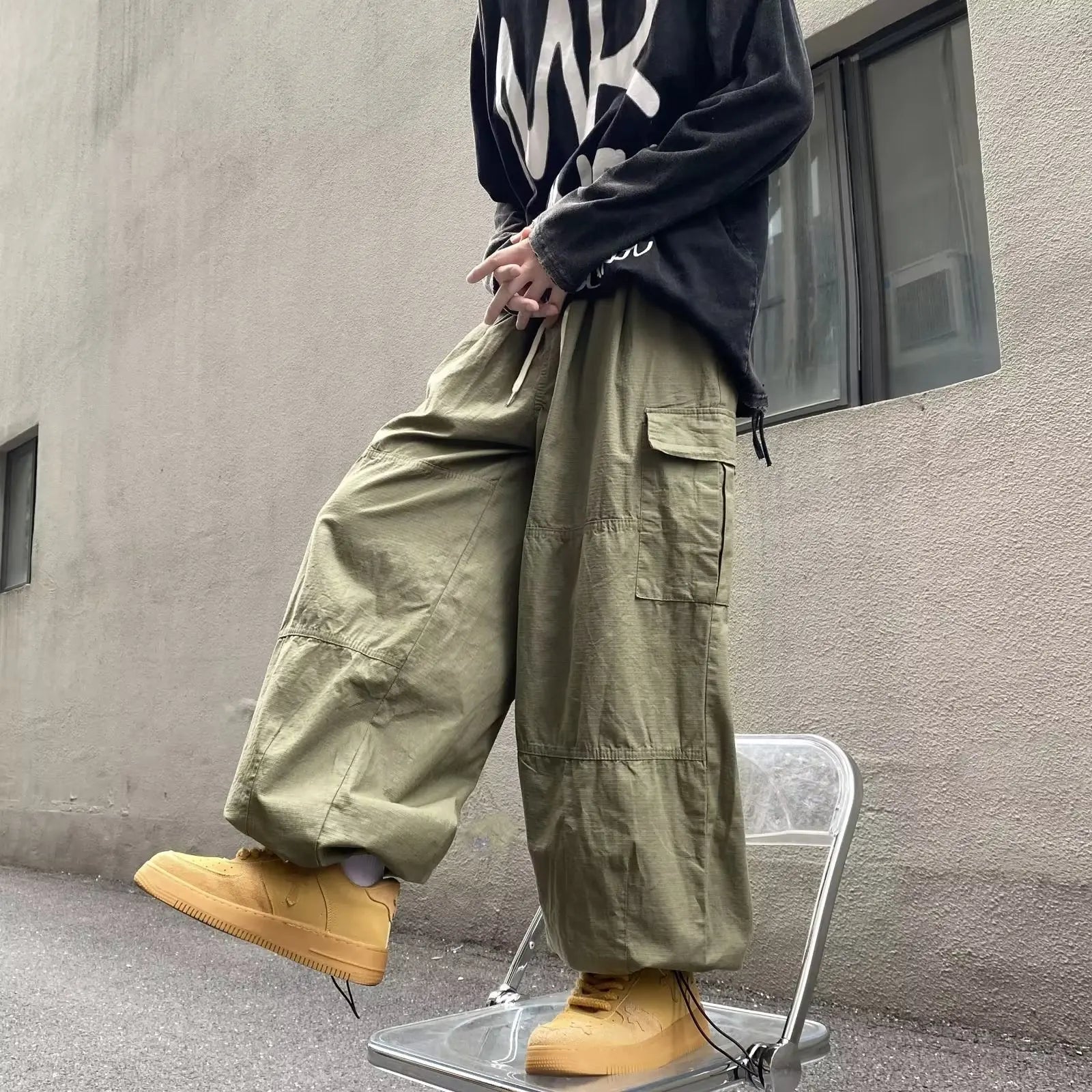 Hearujoy Japanese Men's Y2K Vintage Casual Cargo Baggy Wide Leg Pants Sweatpants Hip Hop Track Pants Men Harajuku Korean Style