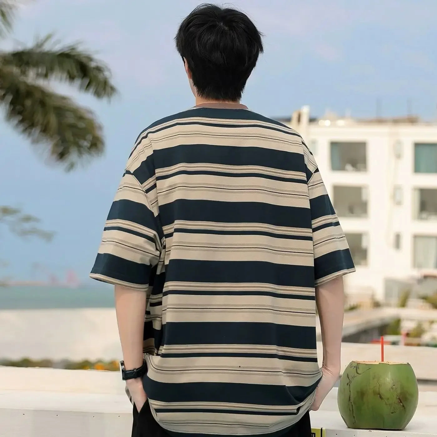 HEARUJOY  -  Striped Top Man Tee Shirts Loose T Shirt for Men Kpop Original Luxury High Quality Cheap Clothes Casual New in Harajuku Funny