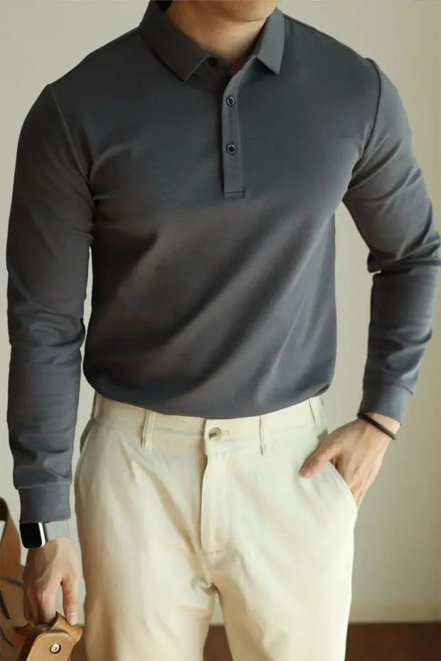 HEARUJOY  -  New American Retro Men Polo Shirt Light Luxury Solid Color Slim-fit Commuting Long Sleeve T-shirt Leisure Business Pullover Tops