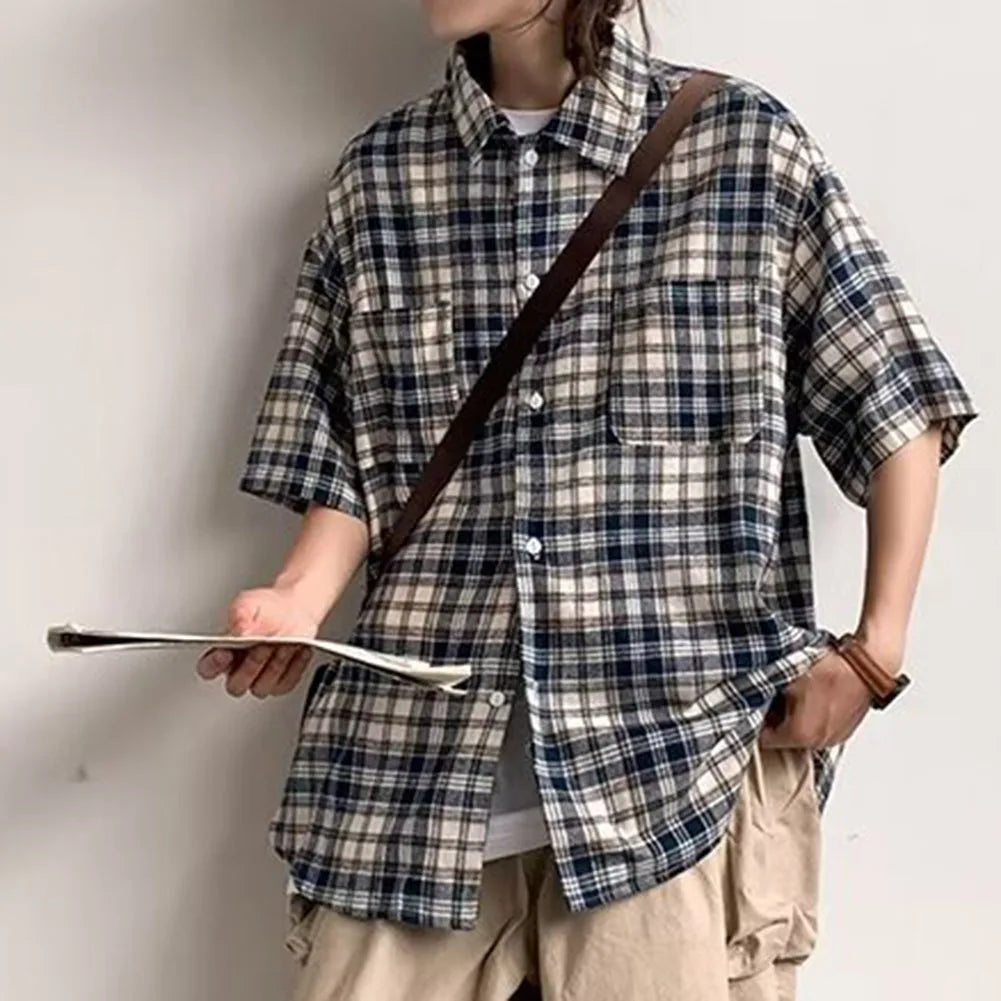 HEARUJOY  -  Plaid Shirt For Men Casual Couple Loose Mens Shirt Polyester Fabric Slight Stretch All Seasons Applicable Male