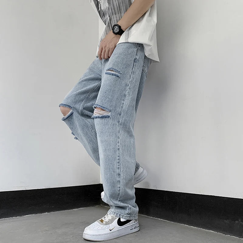 Hearujoy Men's Perforated Jeans Summer Thin Loose Fit Straight Leg Pants American High Street Vintage Knife Cut Solid Jeans