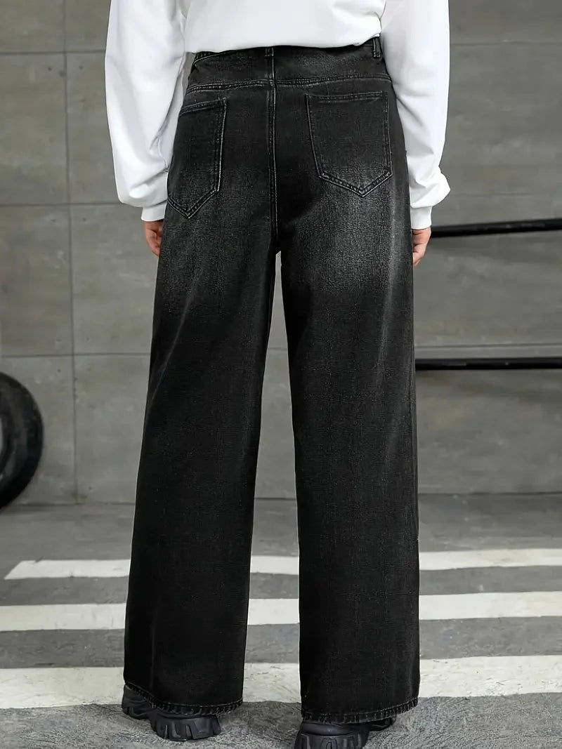 HEARUJOY  -  Men'S Loose Fit Black Denim Wide Leg Jeans with Raw Wash Detail - Comfortable, Versatile All-Season Wear, Casual Denim Jeans| fl