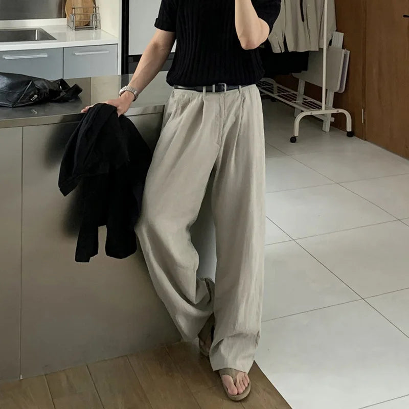 Hearujoy Korean Style Men's Casual Pants Pockets Soild Color Straight Wide Leg Male Loose Trousers Autumn Simple 9C7066