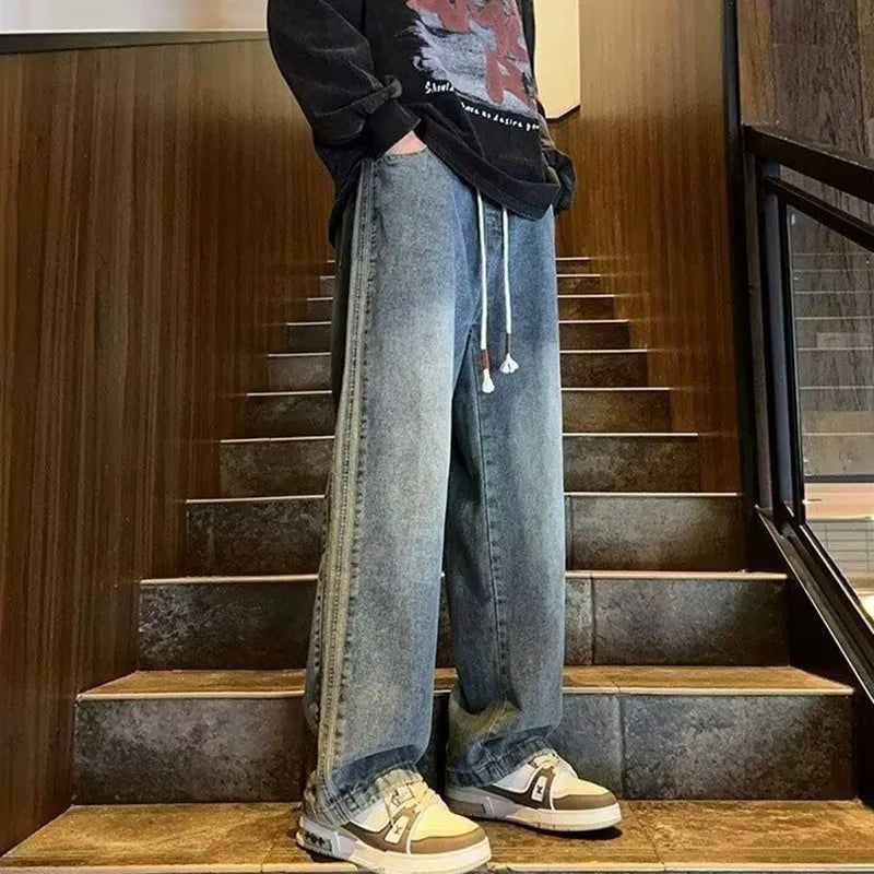 HEARUJOY  -  Spring And Summer New Straight Leg Pants Side Stripes Classic Blue Casual Jeans Men Korea Designer Clothes Baggy Jeans Man
