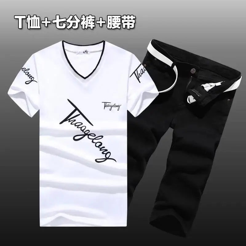 HEARUJOY  -  Summer Men Set Cotton T-Shirts Denim shorts New Tide Cowboy Shorts two Piece suits  Handsome Men's Sets
