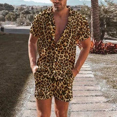 HEARUJOY  -  Summer Men's Fashion Leopard Print Sets Elegant Social Shirt + Shorts Two Piece Set Luxury Men Outerwear Suit