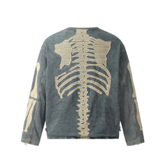 Hearujoy Streetwear Skeleton Bone Embroidery Washed Blue Denim Jacket for Men and Women Vintage Crew Neck Windbreaker Fall Jeans Coat