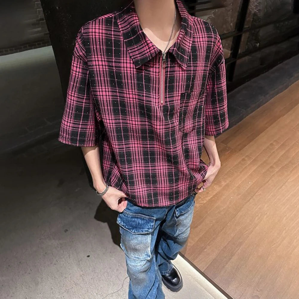 HEARUJOY  -  Mens Hot Diamond Plaid Half-Zip Casual Shirt Streetwear Fashion Youth Campus Versatile Short-Sleeve Tops Men'S Clothing 2025 New