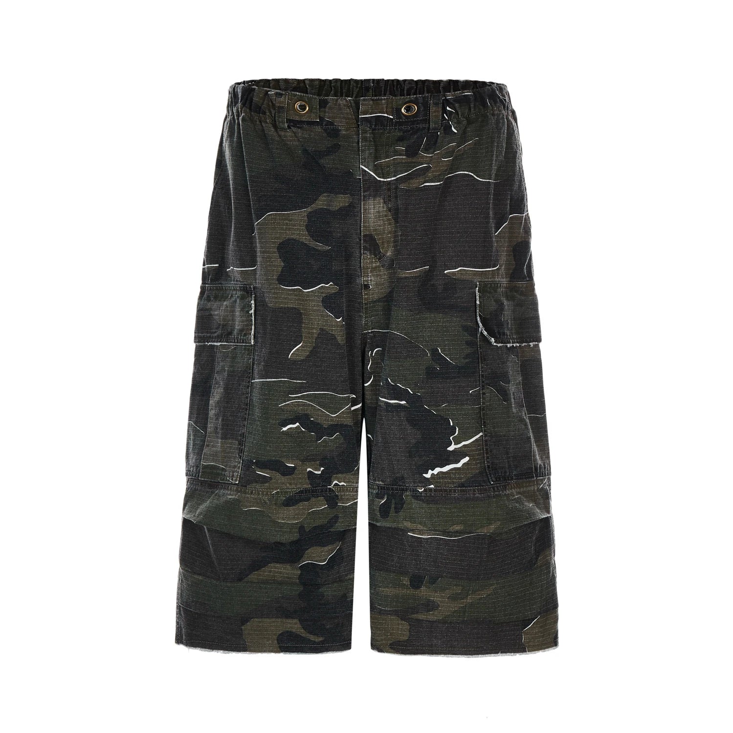 Hearujoy Retro Washed Distressed Camouflage Baggy Shorts Men's Street Hip Hop Camo Calf-Length Pants