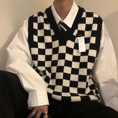 HEARUJOY  -  Waistcoat Plaid Green V Neck Sleeveless Knitted Sweaters for Men Black Man Clothes Vest Ugly Cotton Pull Oversize Sheap T Shirt