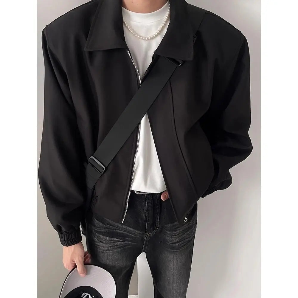 Hearujoy Black Shoulder Padded Short Jacket for Men Autumn Trendy Cool High-end Coat Autumn American Style Trendy Men's Bomber Jacket