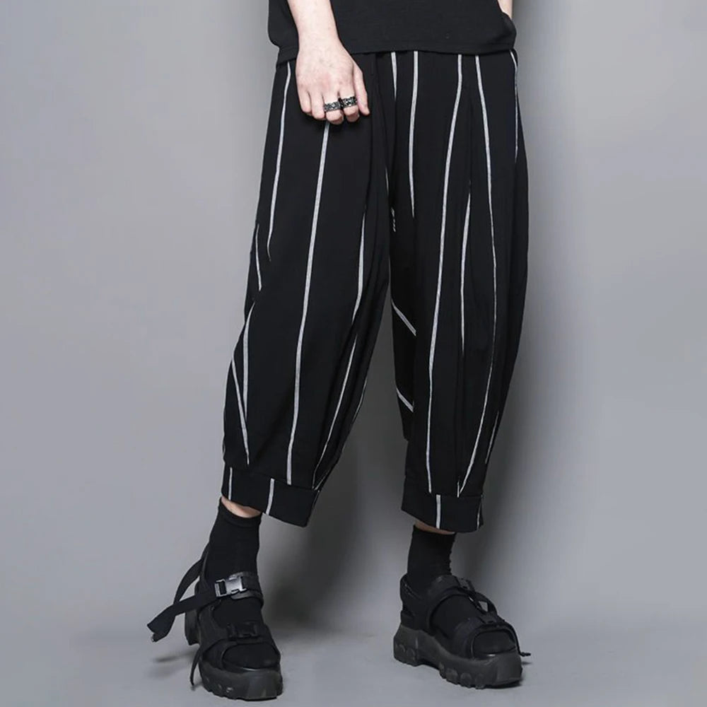 Hearujoy Men Casual Pants Striped Drawstring Streetwear Joggers Pockets Harem Trousers Loose Fashion Cropped Pants Man Clothes Pantalones