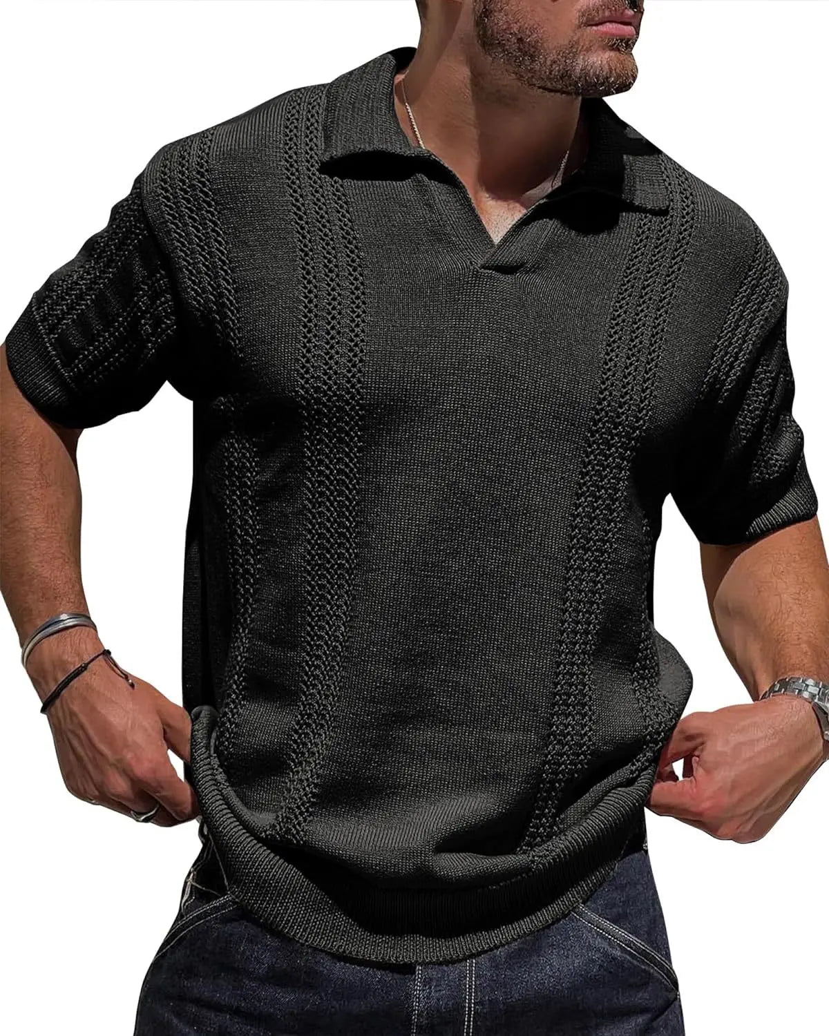 HEARUJOY  -  Summer New Fashion Men's Knit POLO Shirt Short Sleeve V-neck Loose Solid Color Hollow Men's Jacket