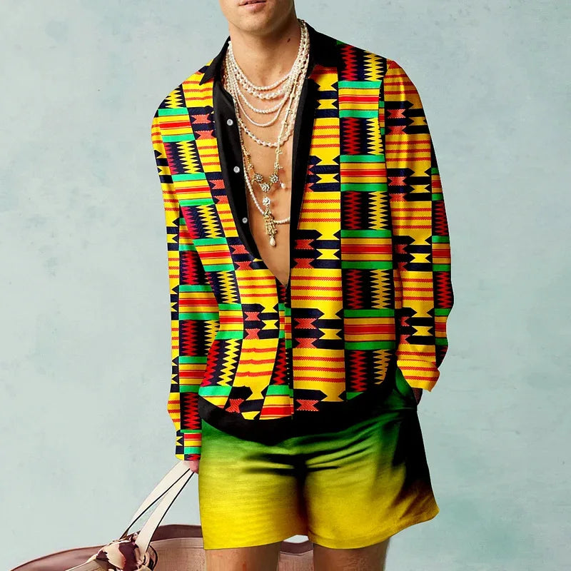 HEARUJOY  -  3D Leopardl Print Men Beach Suits Long Sleeve Lapel Shirts And Shorts Two Piece Set Fashion Hawaiian Casual Loose Outfits