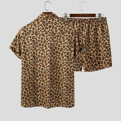 HEARUJOY  -  Summer Men's Fashion Leopard Print Sets Elegant Social Shirt + Shorts Two Piece Set Luxury Men Outerwear Suit