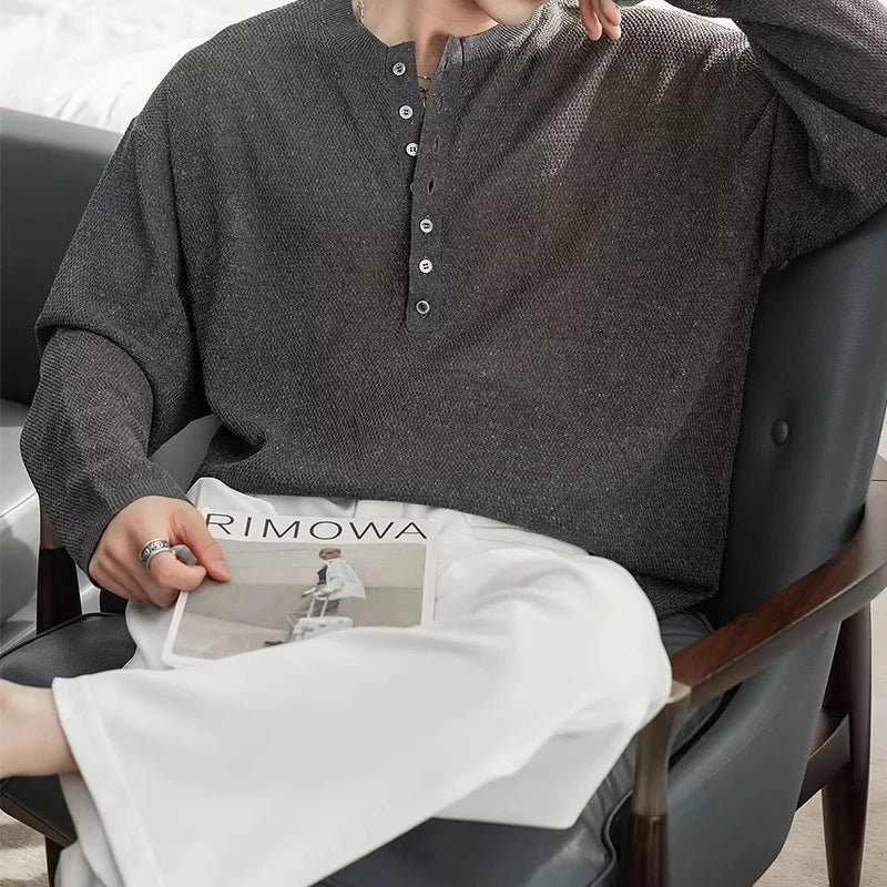 HEARUJOY  -  Stylish Knitted Henley T Shirts Mens Trendy Long Sleeve Button Hollow Out Knit T-shirt Spring Autumn Casual Men's Knitting Tops