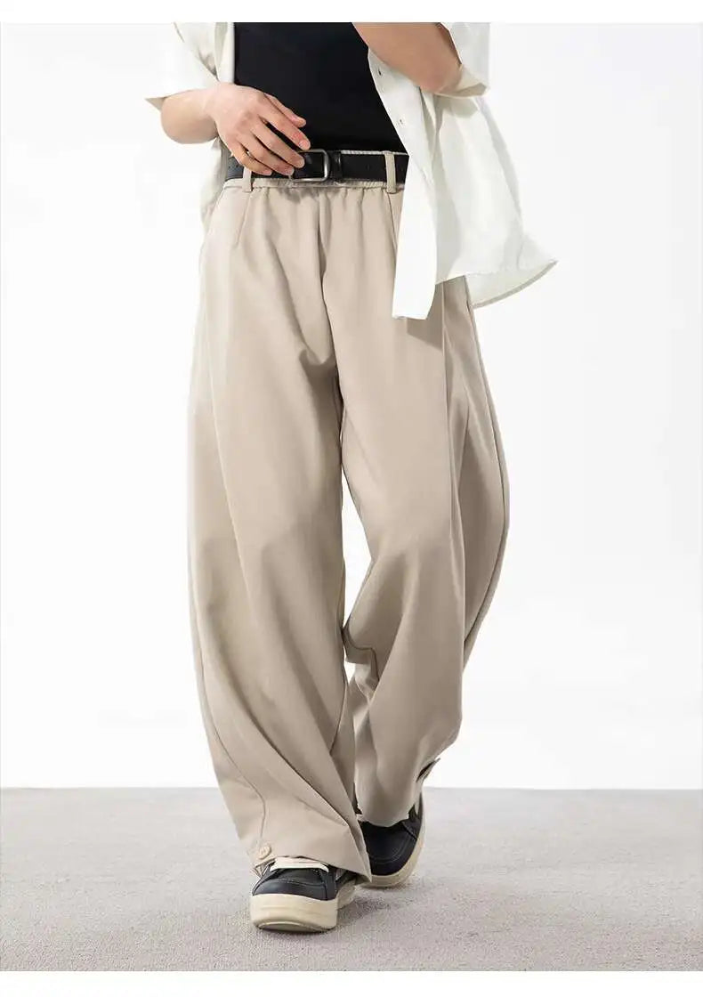 HEARUJOY  -  Korean Style Men's Suit Pants Solid Color Pleated Design Botton Drawstring Simple Elastic Waist Summer Male Trousers