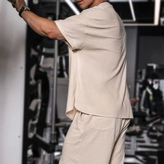 HEARUJOY  -  T Shirt Mens Gym Daily  Simple Pocket Button Five Point Sleeve Shirt Sports Outdoor Breathable Linen Easy Fit Casual Top Summer