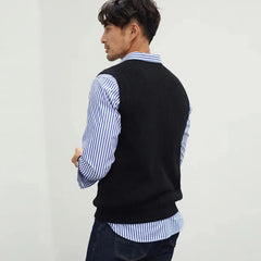 HEARUJOY  -  New Popular Preppy Style Men Sweater Vest Casual Knitted Streetwear Solid Color V Neck Waistcoat Leisure High Quality Knitwear